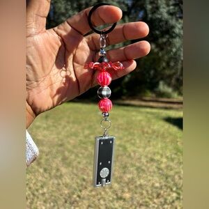 Red and Silver Keychain with Flower Charm & Light